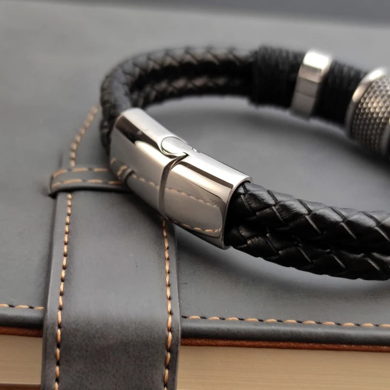 Bracelet Cuir Homme Noir Tressé - Acier Inoxydable