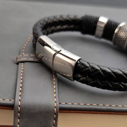 Bracelet Cuir Homme Noir Tressé - Acier Inoxydable