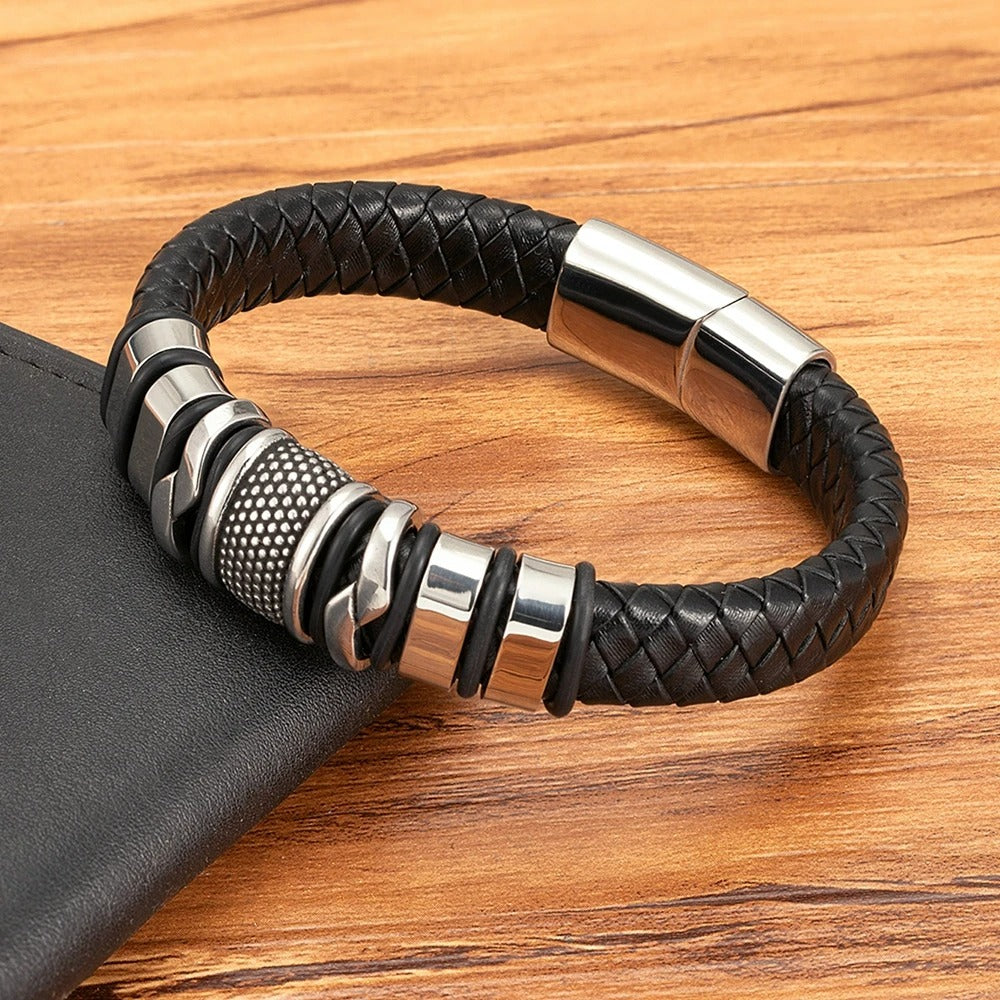 Bracelet Cuir Homme Relief Acier Inoxydable