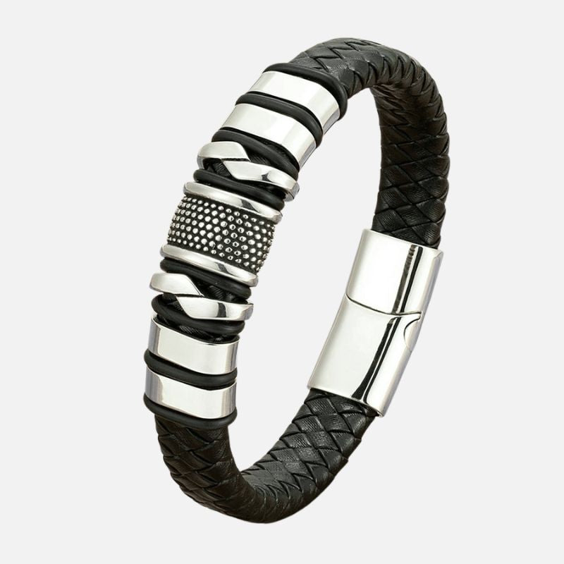 Bracelet Cuir Homme Relief Acier Inoxydable