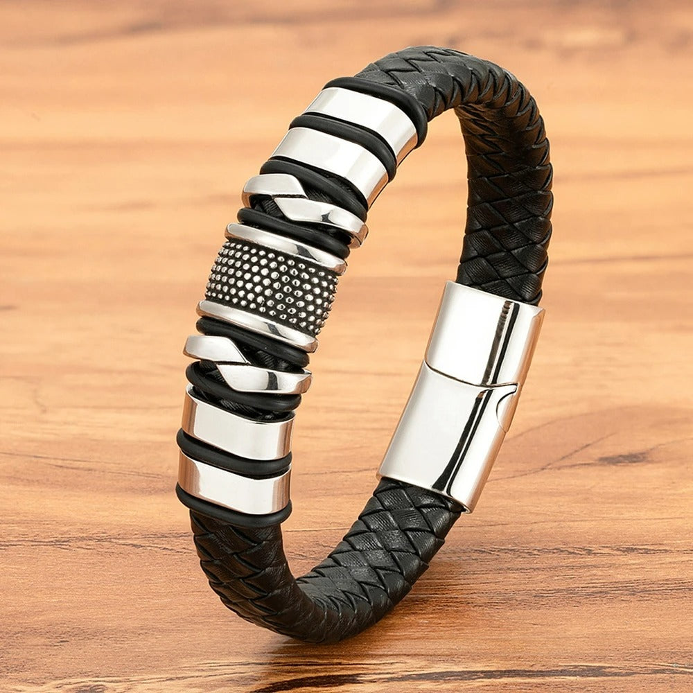 Bracelet Cuir Homme Relief Acier Inoxydable