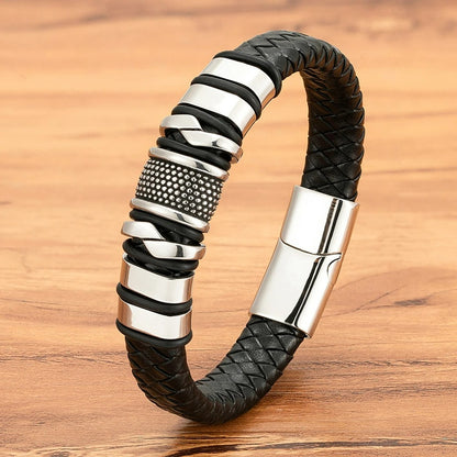 Bracelet Cuir Homme Relief Acier Inoxydable