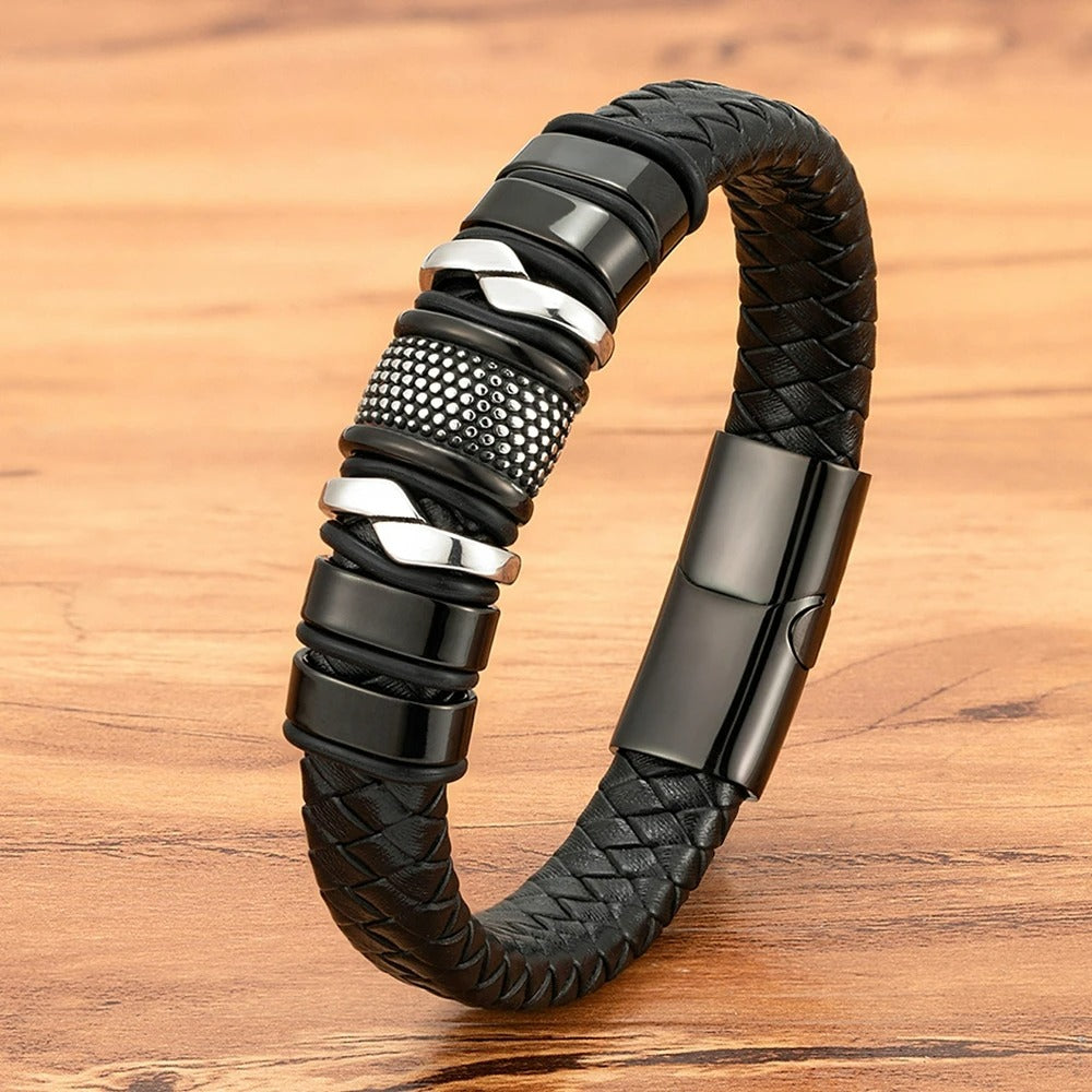 Bracelet Cuir Homme Relief Acier Inoxydable