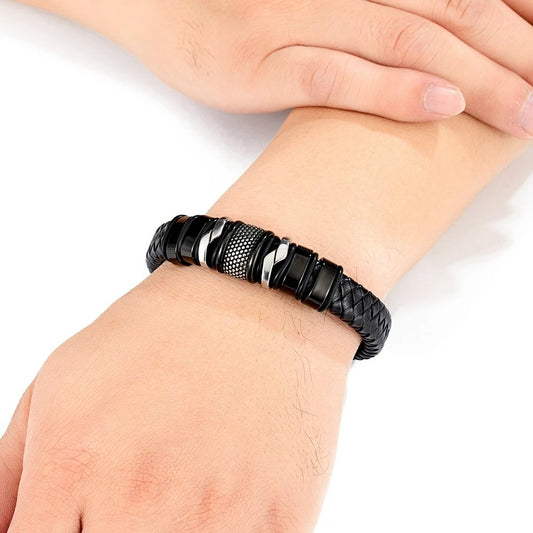 Bracelet Cuir Homme Relief Acier Inoxydable
