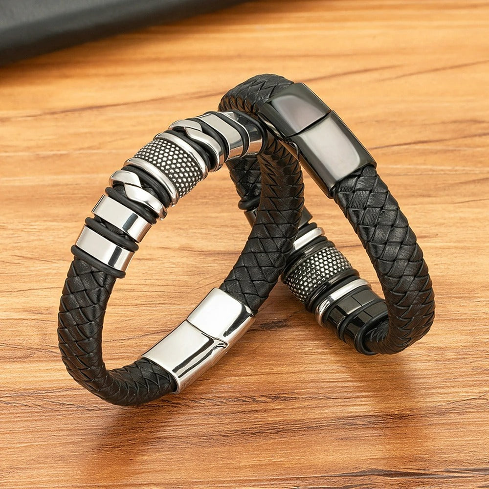 Bracelet Cuir Homme Relief Acier Inoxydable