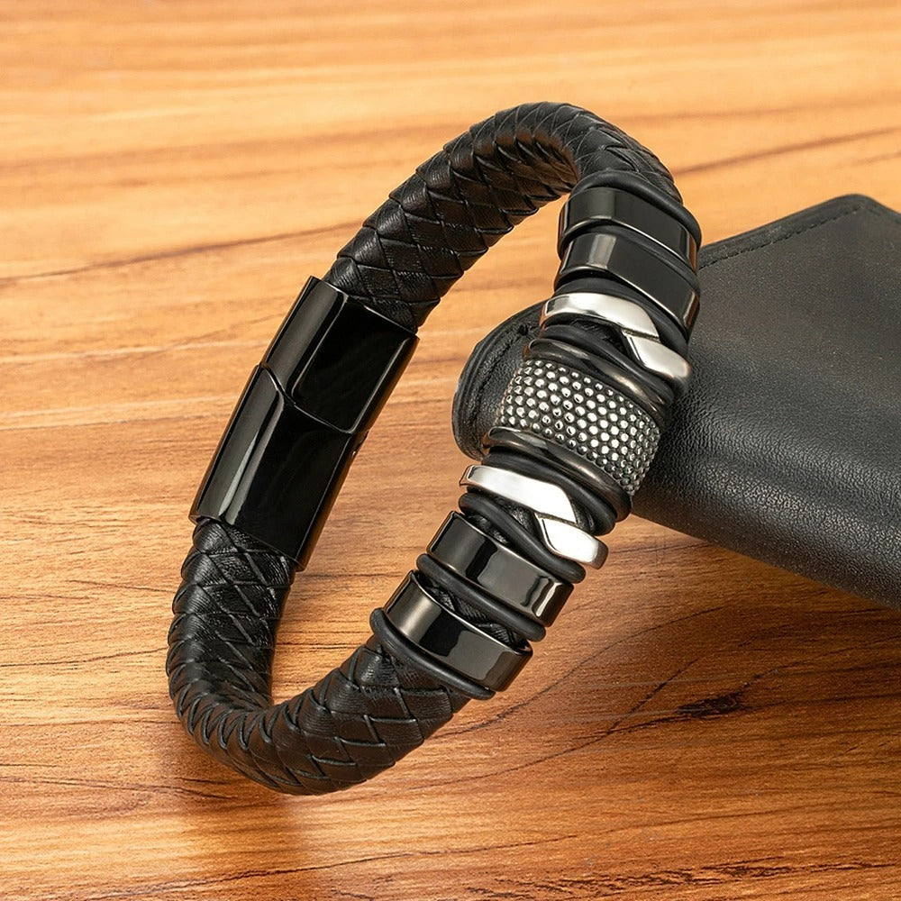 Bracelet Cuir Homme Relief Acier Inoxydable