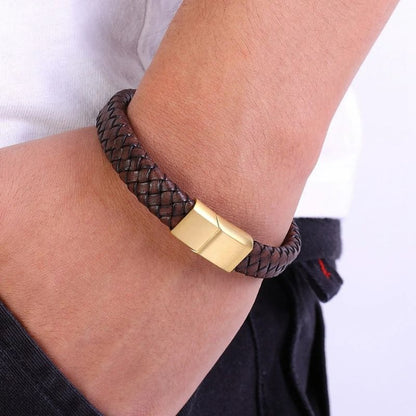 Bracelet Cuir Homme Tressé - Acier Inoxydable
