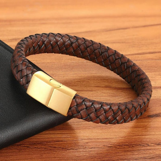 Bracelet Cuir Homme Tressé - Acier Inoxydable