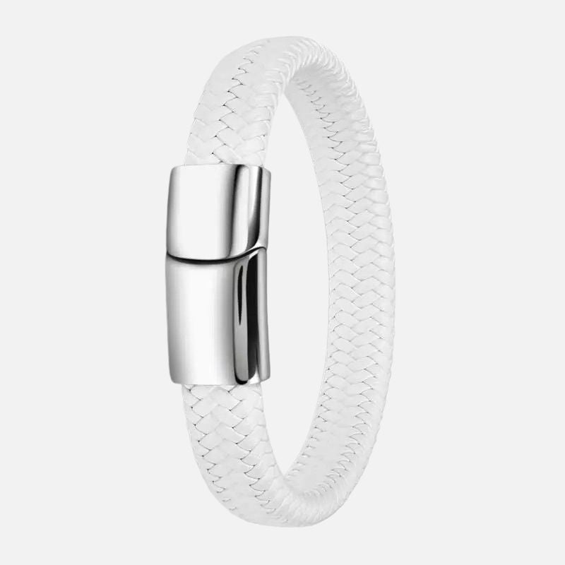 Bracelet Homme Acier Et Cuir Tressé Blanc - Acier Inoxydable