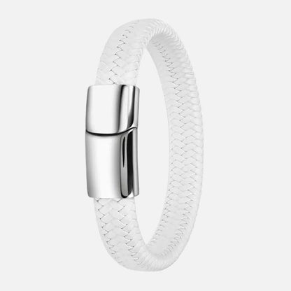 Bracelet Homme Acier Et Cuir Tressé Blanc - Acier Inoxydable