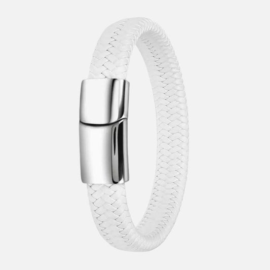 Bracelet Cuir Homme Tressé Blanc - Acier Inoxydable