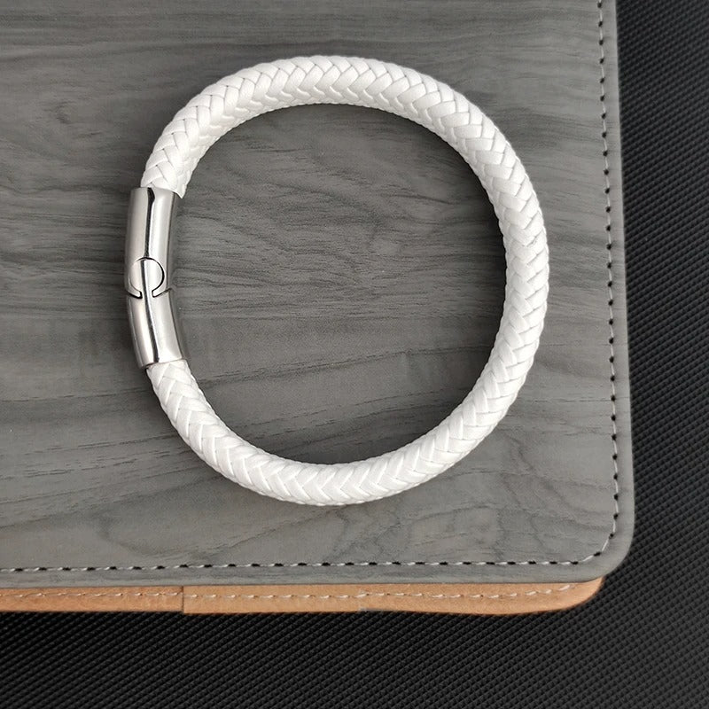 Bracelet Cuir Homme Tressé Blanc - Acier Inoxydable