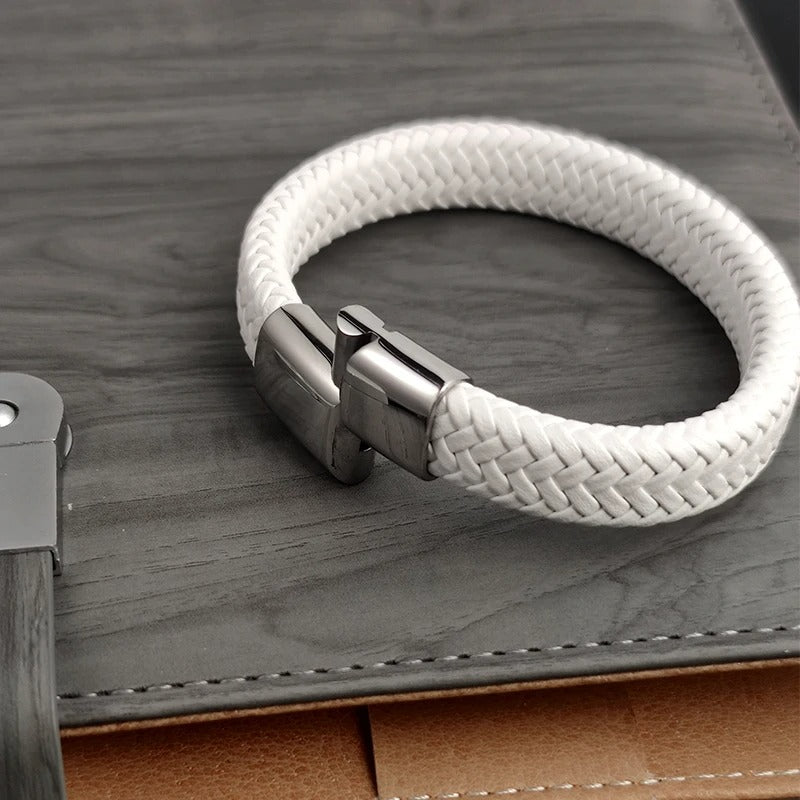 Bracelet Cuir Homme Tressé Blanc - Acier Inoxydable