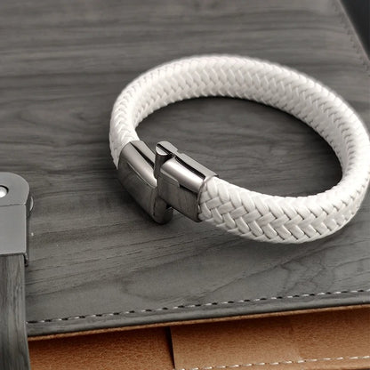 Bracelet Cuir Homme Tressé Blanc - Acier Inoxydable