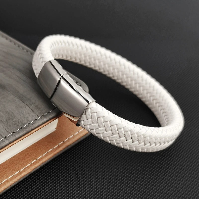 Bracelet Cuir Homme Tressé Blanc - Acier Inoxydable