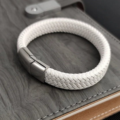 Bracelet Cuir Homme Tressé Blanc - Acier Inoxydable