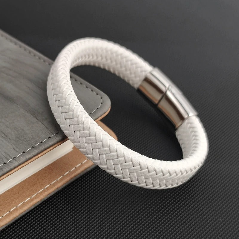 Bracelet Cuir Homme Tressé Blanc - Acier Inoxydable