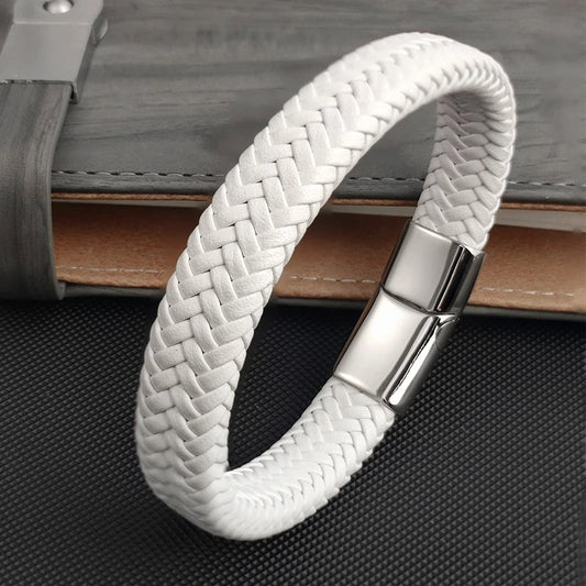 Bracelet Cuir Homme Tressé Blanc - Acier Inoxydable