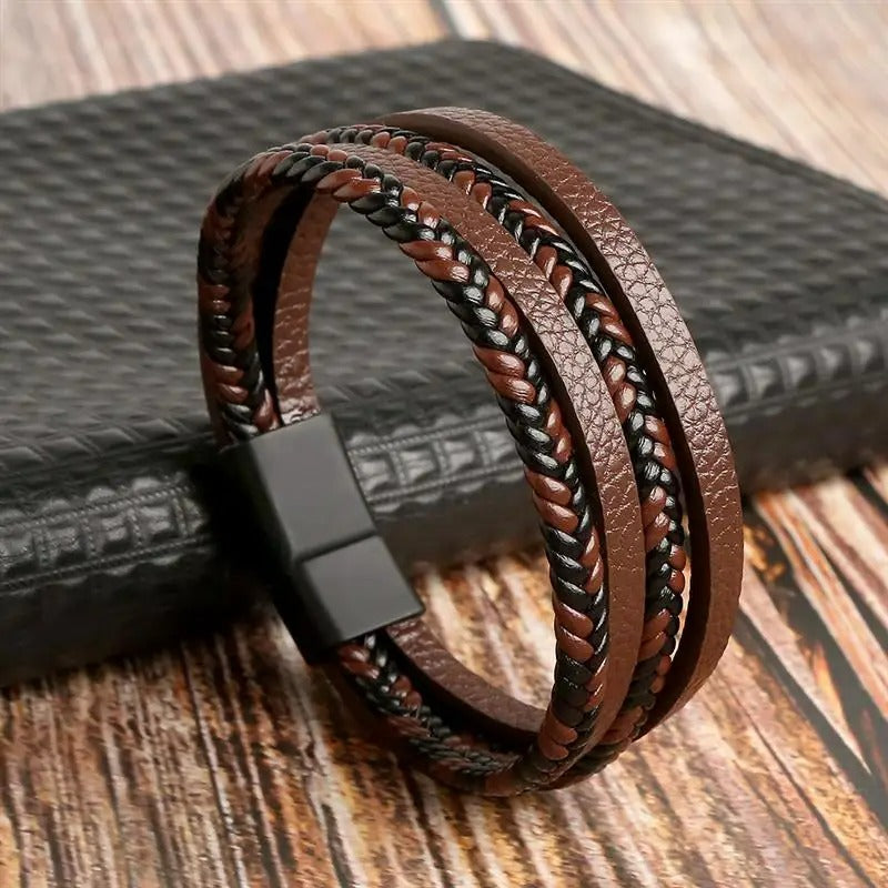 Bracelet Cuir Homme Tressé Lanières Multicouche - Acier Inoxydable