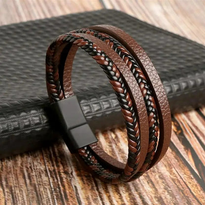 Bracelet Cuir Homme Tressé Lanières Multicouche - Acier Inoxydable