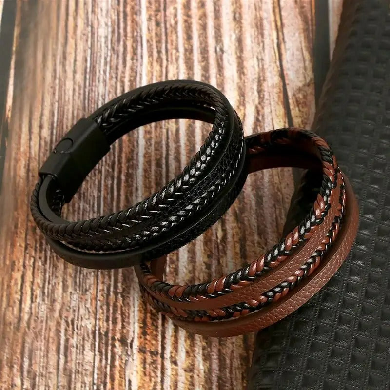 Bracelet Cuir Homme Tressé Lanières Multicouche - Acier Inoxydable