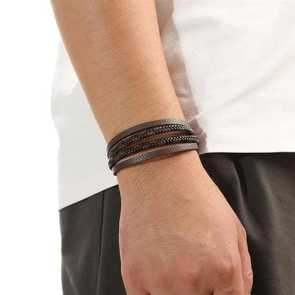 Bracelet Cuir Homme Tressé Lanières Multicouche - Acier Inoxydable