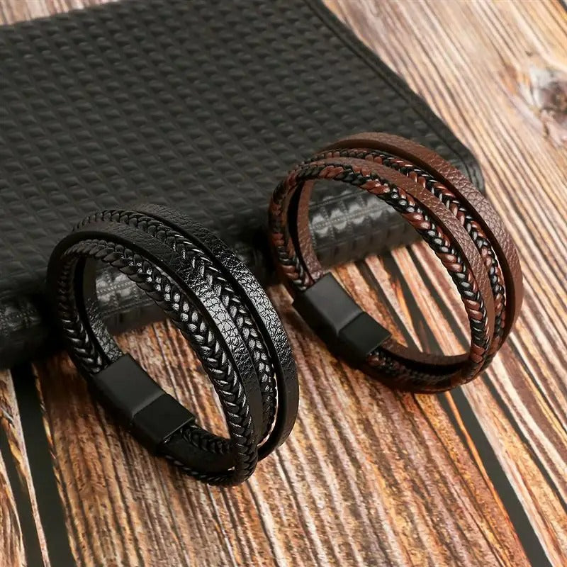 Bracelet Cuir Homme Tressé Lanières Multicouche - Acier Inoxydable