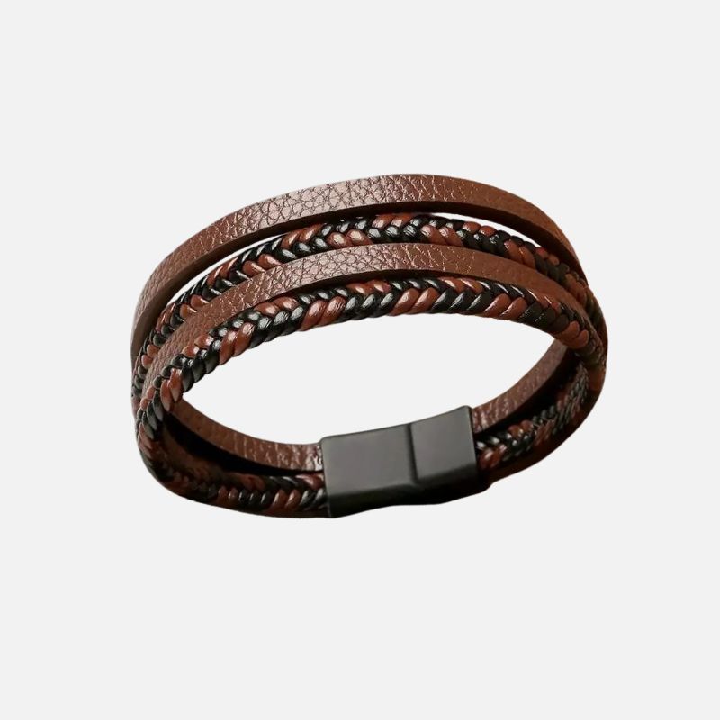 Bracelet Cuir Homme Tressé Lanières Multicouche - Acier Inoxydable