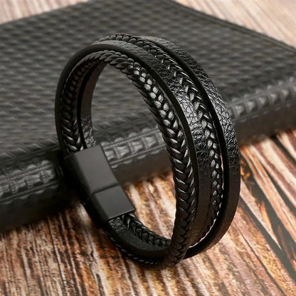 Bracelet Cuir Homme Tressé Lanières Multicouche - Acier Inoxydable