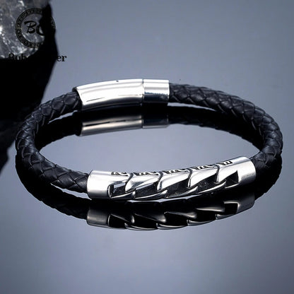 Bracelet Cuir Homme Tressé Maillon - Acier Inoxydable