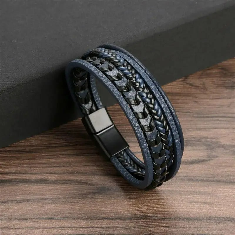 Bracelet Cuir Homme Tressé Multicouche - Acier Inoxydable