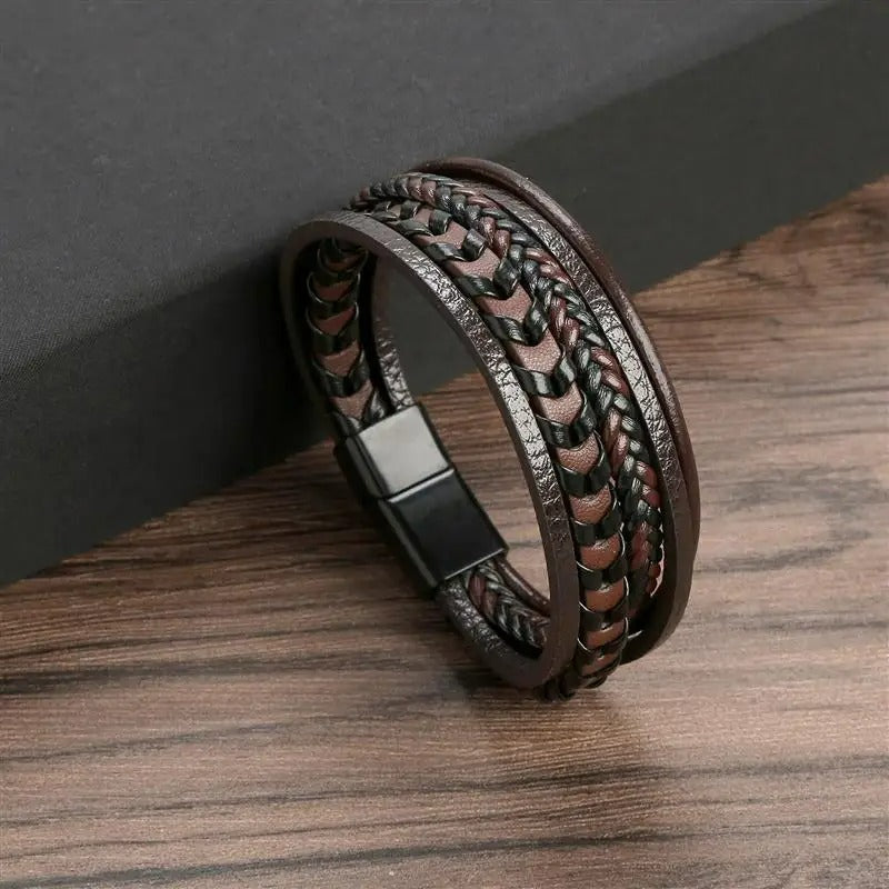 Bracelet Cuir Homme Tressé Multicouche - Acier Inoxydable