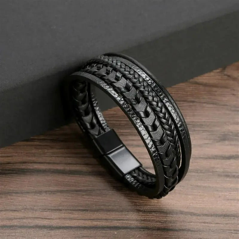 Bracelet Cuir Homme Tressé Multicouche - Acier Inoxydable