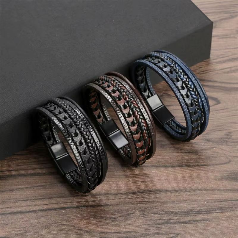 Bracelet Cuir Homme Tressé Multicouche - Acier Inoxydable