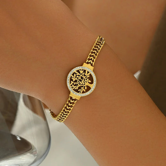 Bracelet Femme Arbre De Vie Acier Inoxydable Et Maille Dorée