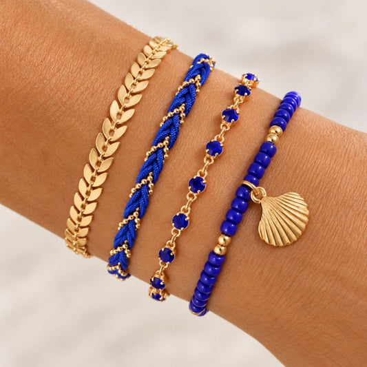 Bracelet Femme Multirang Bleu Roi Et Coquillage - Lot de 4