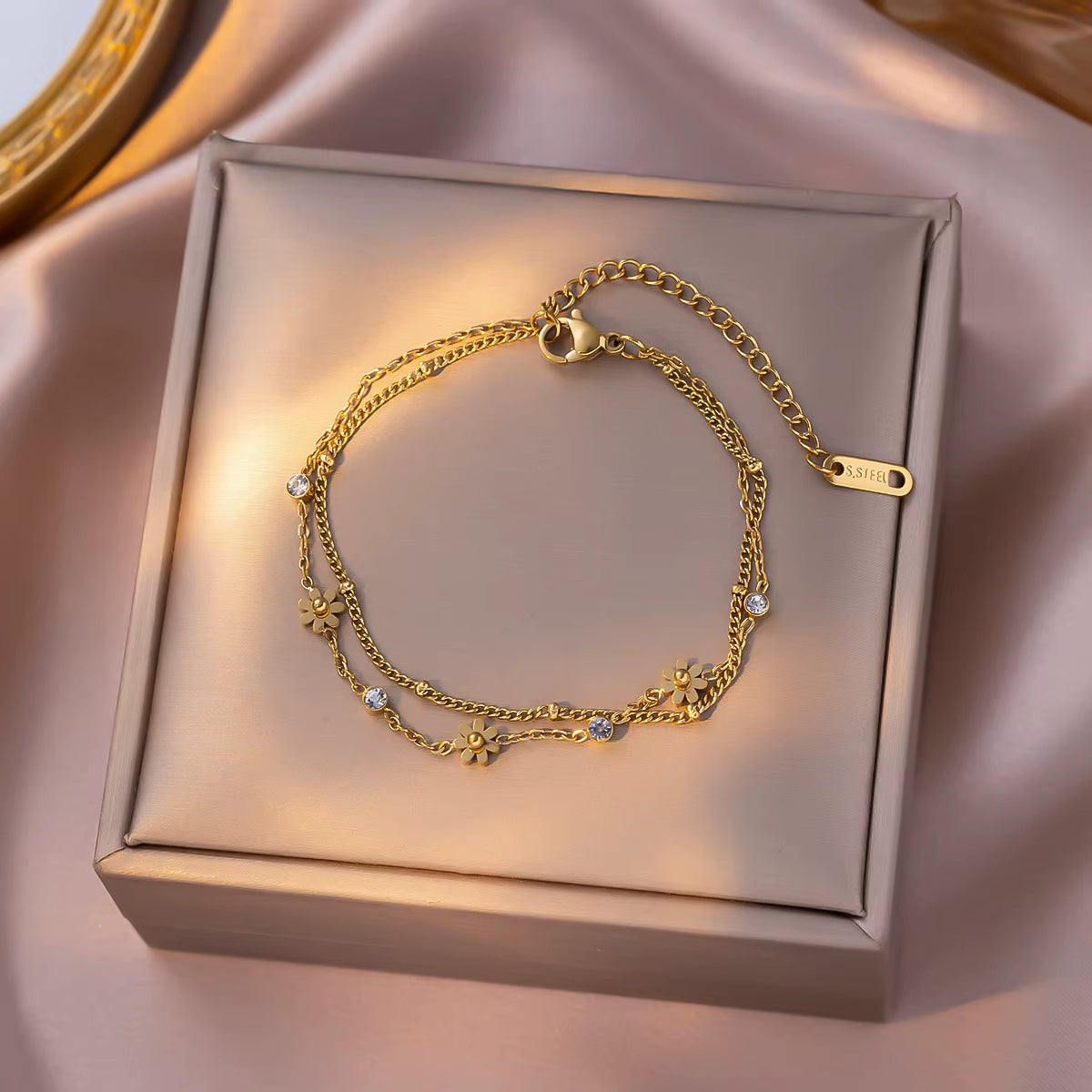 Bracelet Fleur Double Chaine en Acier Inoxydable
