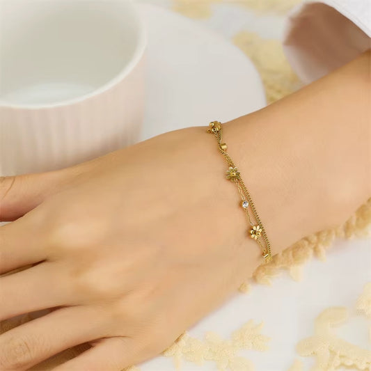 Bracelet Fleur Double Chaine en Acier Inoxydable