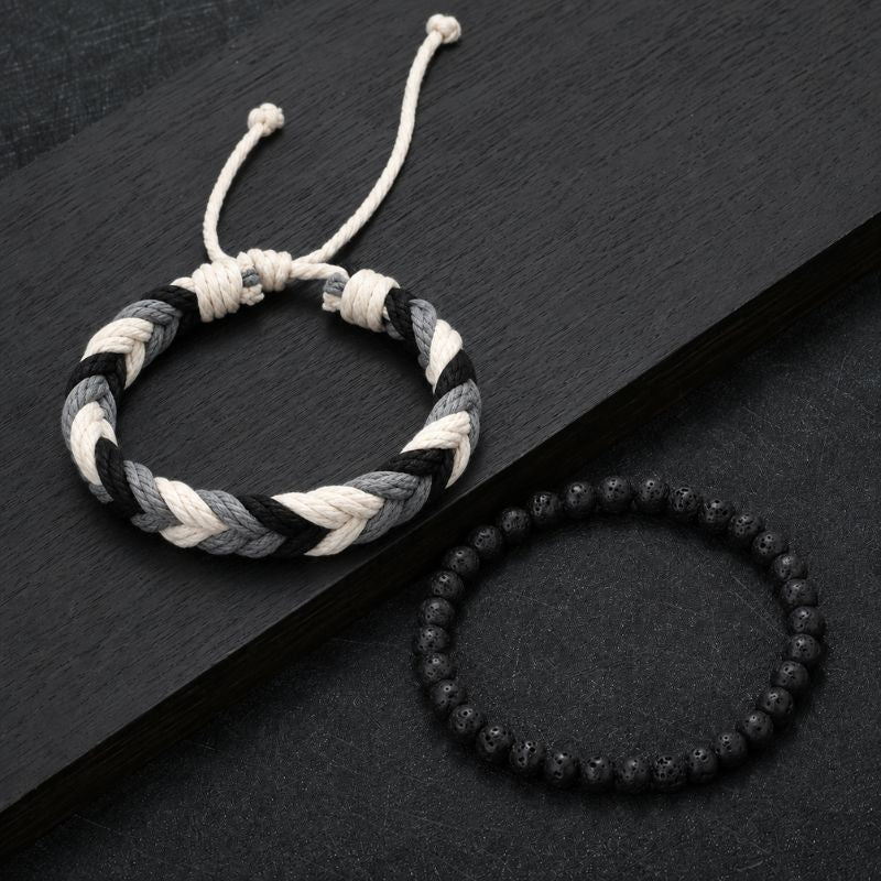 Bracelet Homme Duo Pierre de Lave et Cordon Tressé