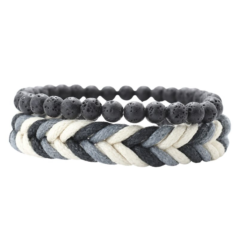 Bracelet Homme Duo Pierre de Lave et Cordon Tressé