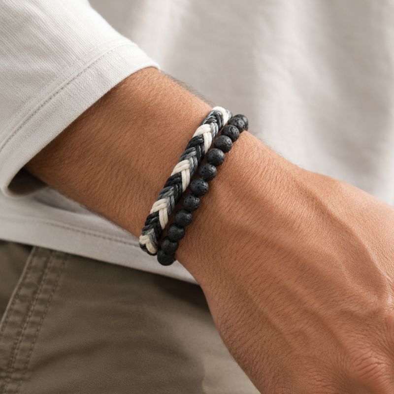 Bracelet Homme Duo Pierre de Lave et Cordon Tressé