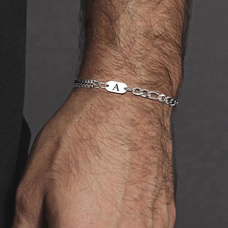 Bracelet Homme Initiale Chaînes Asymétriques Acier Inoxydable