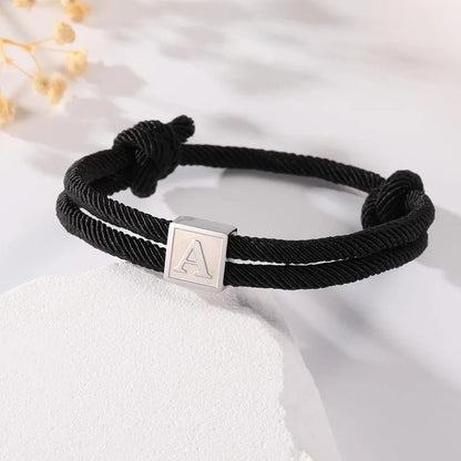 Bracelet Homme Initiale Corde Noire Et Acier Inoxydable