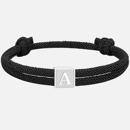 Bracelet Homme Initiale Corde Noire Et Acier Inoxydable
