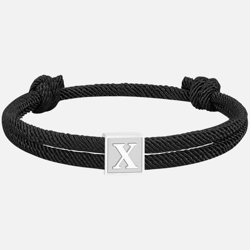 Bracelet Homme Initiale Corde Noire Et Acier Inoxydable