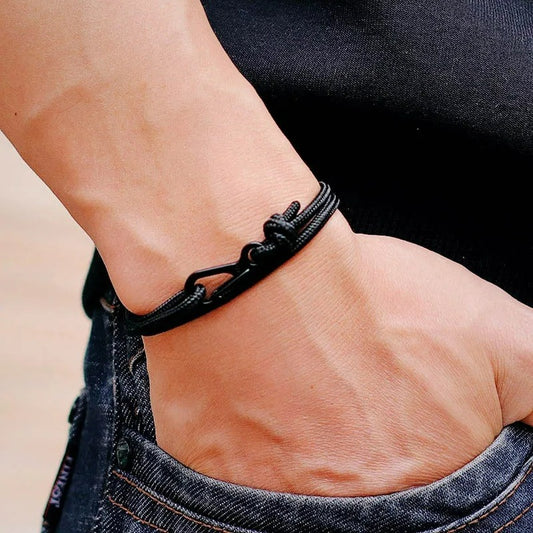 Bracelet Homme Macramé Corde Et Métal Noir