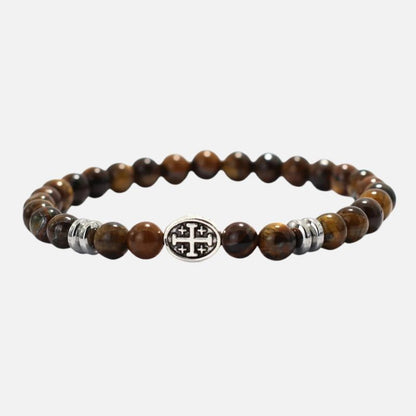 Bracelet Homme Oeil de Tigre Médaillon Croix Argenté
