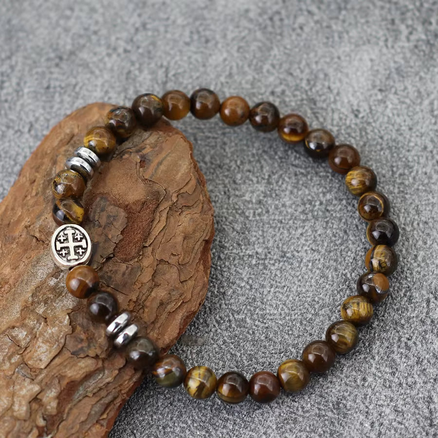 Bracelet Homme Oeil de Tigre Médaillon Croix Argenté