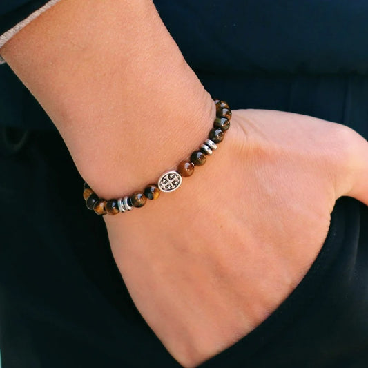 Bracelet Homme Oeil de Tigre Médaillon Croix Argenté