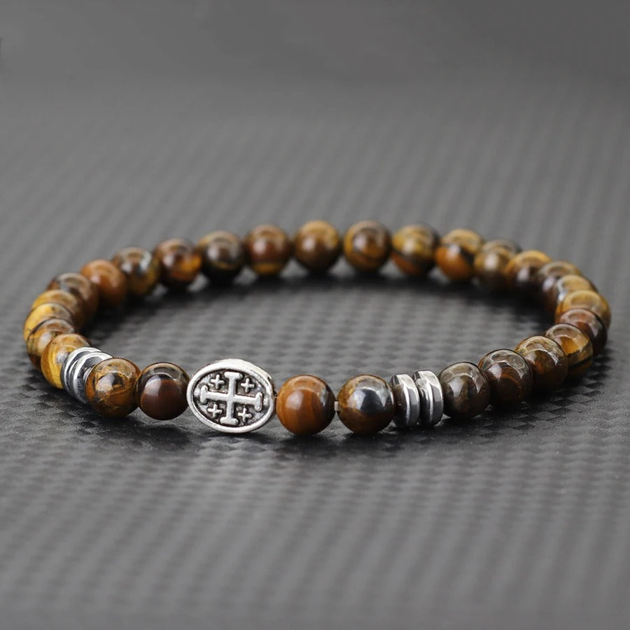 Bracelet Homme Oeil de Tigre Médaillon Croix Argenté